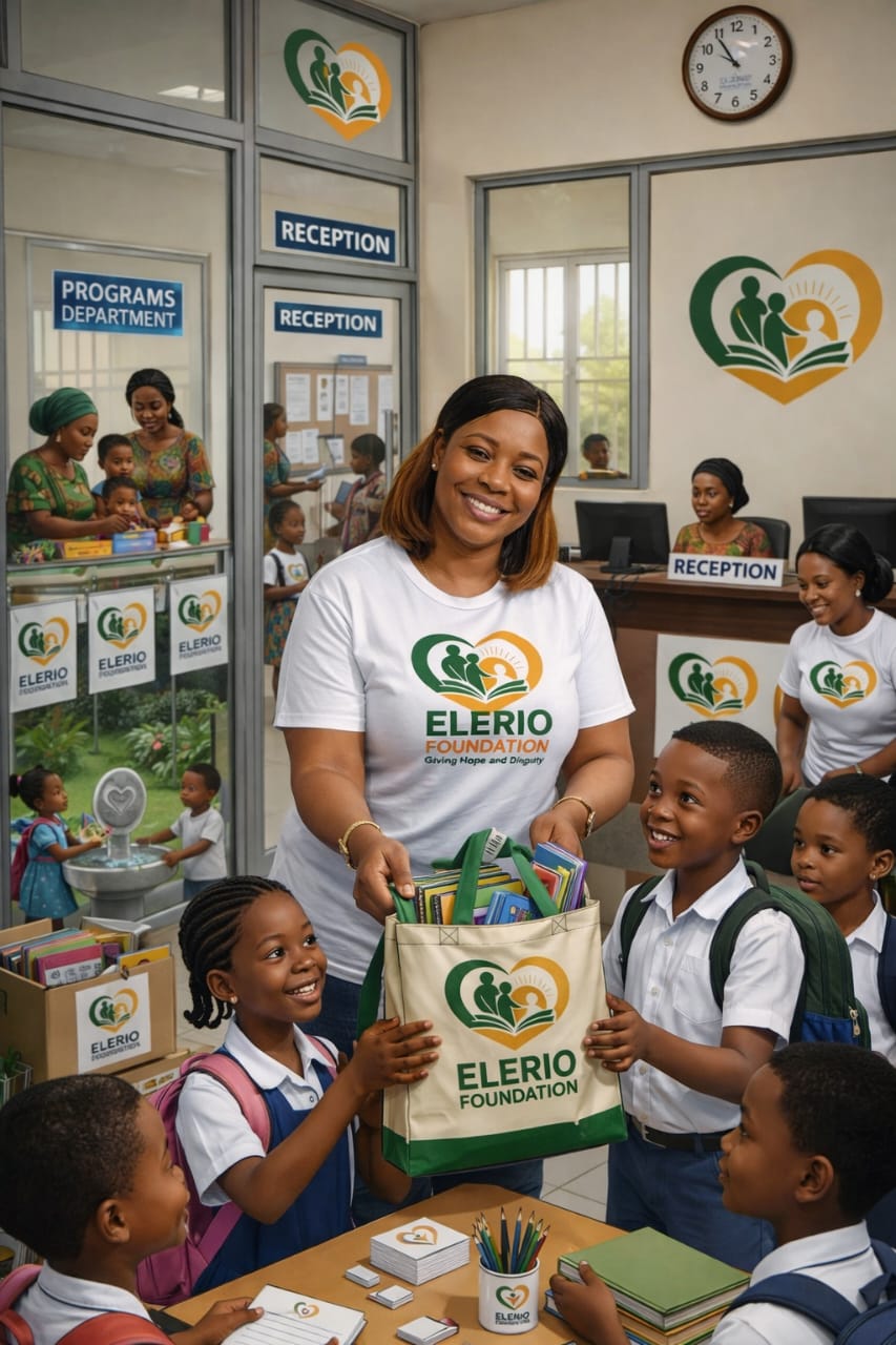An Elerio volunteer sharing learning materials with schoolchildren